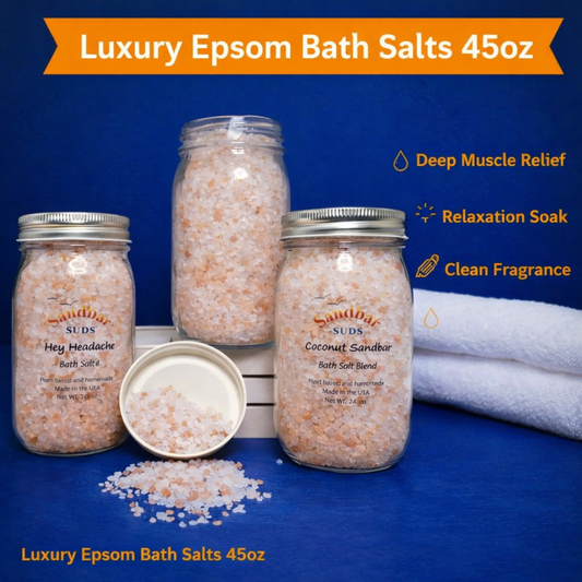 Sandbar SUDS Luxury Epsom Bath Salts - 45oz Bulk Size | Deep Muscle Relief & Relaxation Soak | Clean Fragrance & Essential Oils | Made in USA