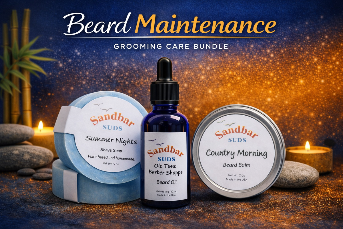 Sandbar SUDS Beard Maintenance 3-Piece Grooming Kit | Professional Beard Care Set | Includes Artisanal Shave Soap, Nourishing Beard Oil & Styling Beard Balm | Ultimate Men’s Facial Hair Care | Made in USA | Phthalate-Free