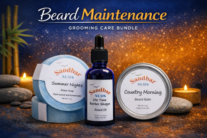 Sandbar SUDS Beard Maintenance 3-Piece Grooming Kit | Professional Beard Care Set | Includes Artisanal Shave Soap, Nourishing Beard Oil & Styling Beard Balm | Ultimate Men’s Facial Hair Care | Made in USA | Phthalate-Free