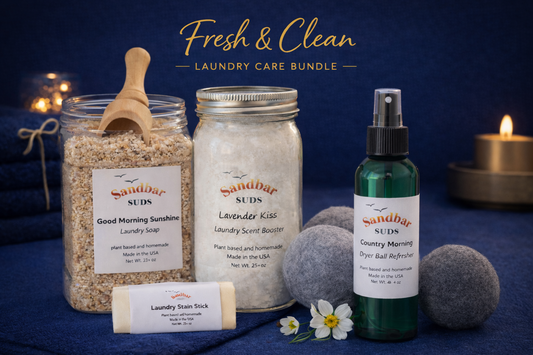 Sandbar SUDS Fresh & Clean 8-Piece Laundry Bundle | Complete Natural Laundry Care Set | Includes Handcrafted Laundry Soap, Scent Booster, Stain Stick, 3x Wool Laundry Balls & Ball Refresher Spray | Eco-Friendly Laundry Essentials | Made in USA